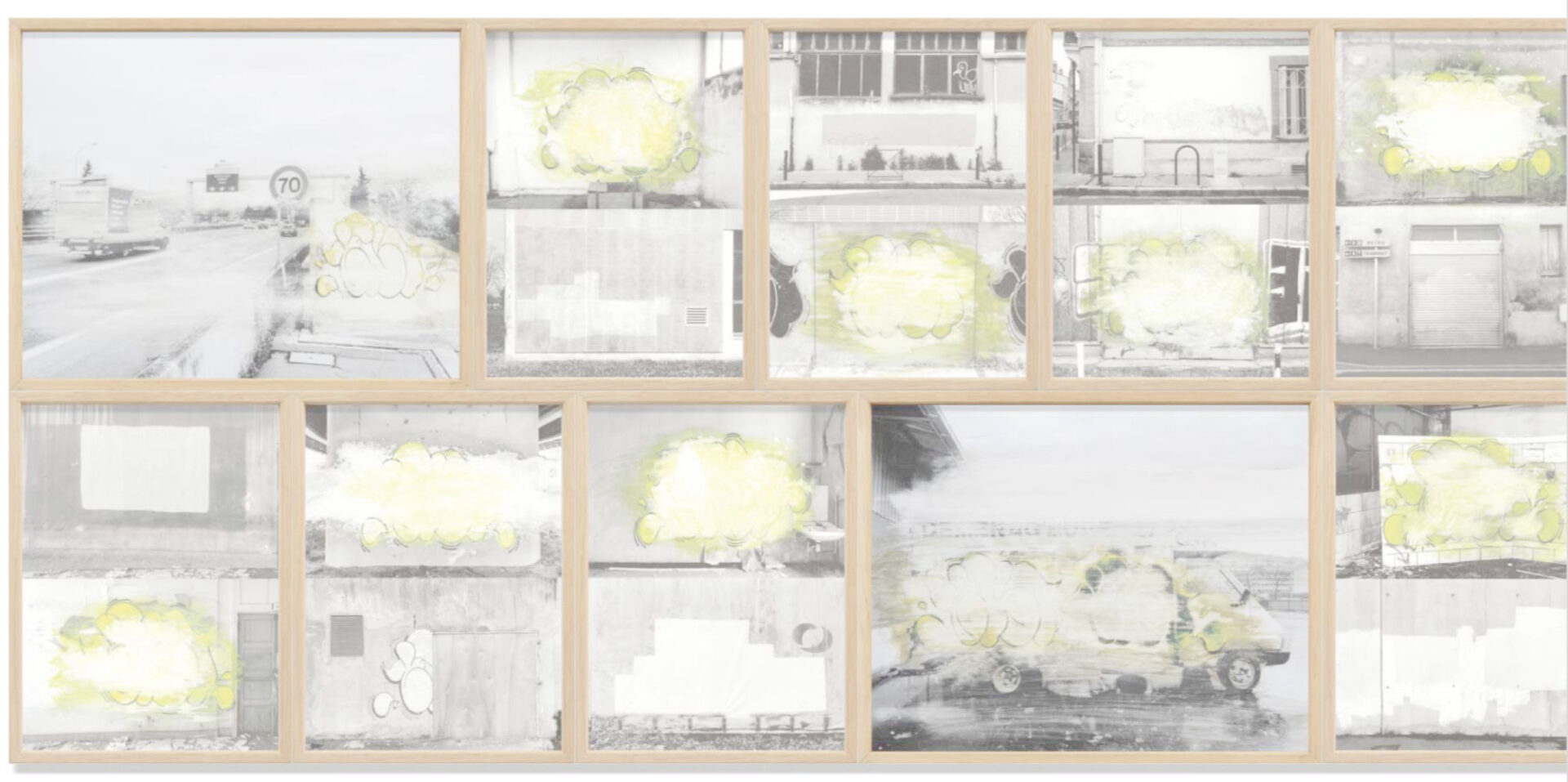 TILT - Installation Buffing (various) | 24 × 30 cm and 24 × 18 cm | spray paint, acrylic, acetone and anti graffiti on photograph | 2026 TILT - Installation Buffing (various) | 24 × 30 cm and 24 × 18 cm | spray paint, acrylic, acetone and anti graffiti on photograph | 2026